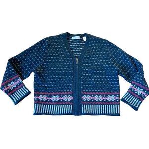 ⭐️ sport 100% lambs wool vintage grey fair-isle zip front sweater large